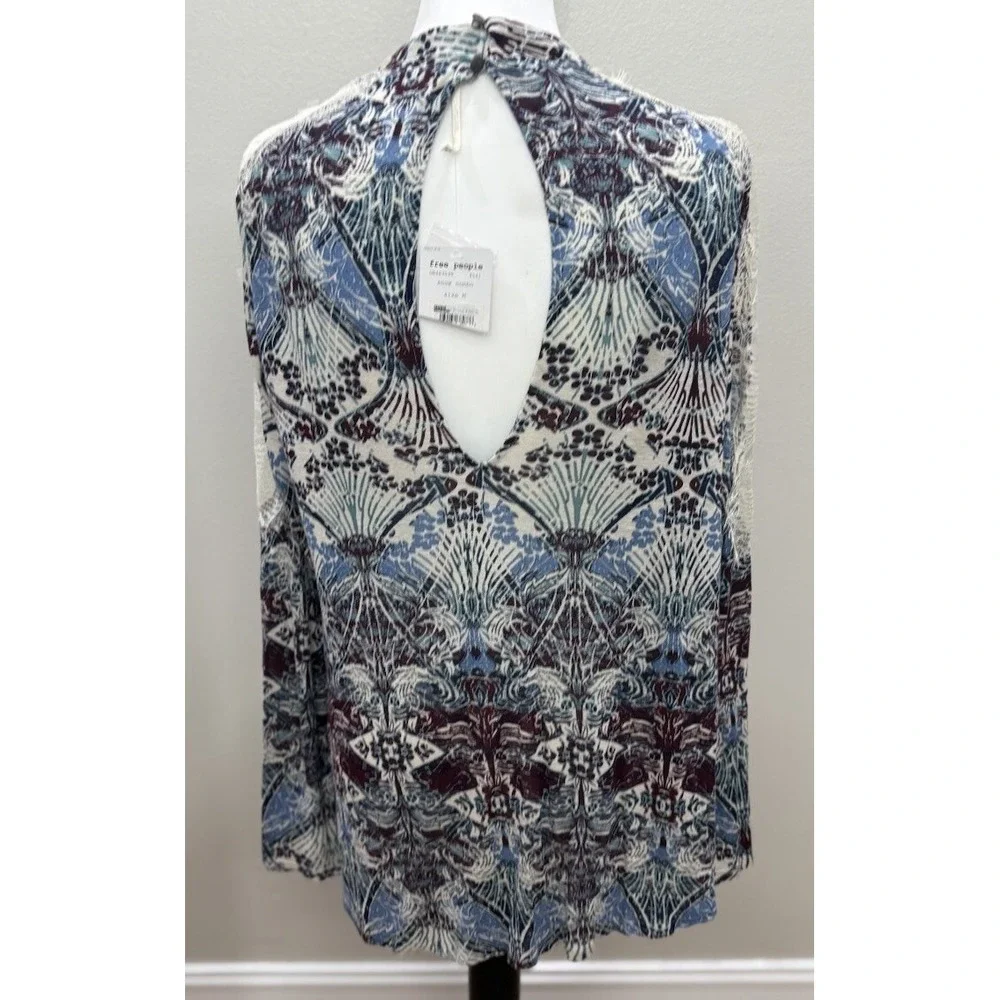 Free People Women M Linen Blend Top Blue Black Open Back Lace Boho Oversized NEW